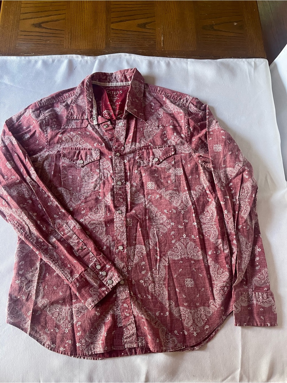 Guess Women Red Worn look Paisley Western Shirt Bandanna pearl snap rodeo cowboy